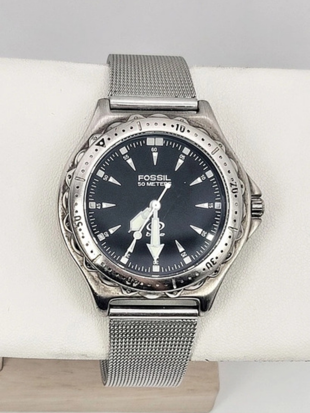 Vintage Fossil Blue AM-3134 Men's Quartz Watch Black Dial Mesh Band